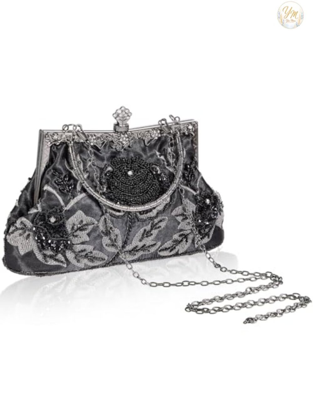 Embroidered Beaded Clutch with Chain Crossbody Evening Bag
